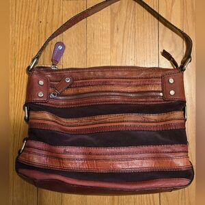 Fossil Brown and Tan Striped Suede And Leather Shoulder Bag
